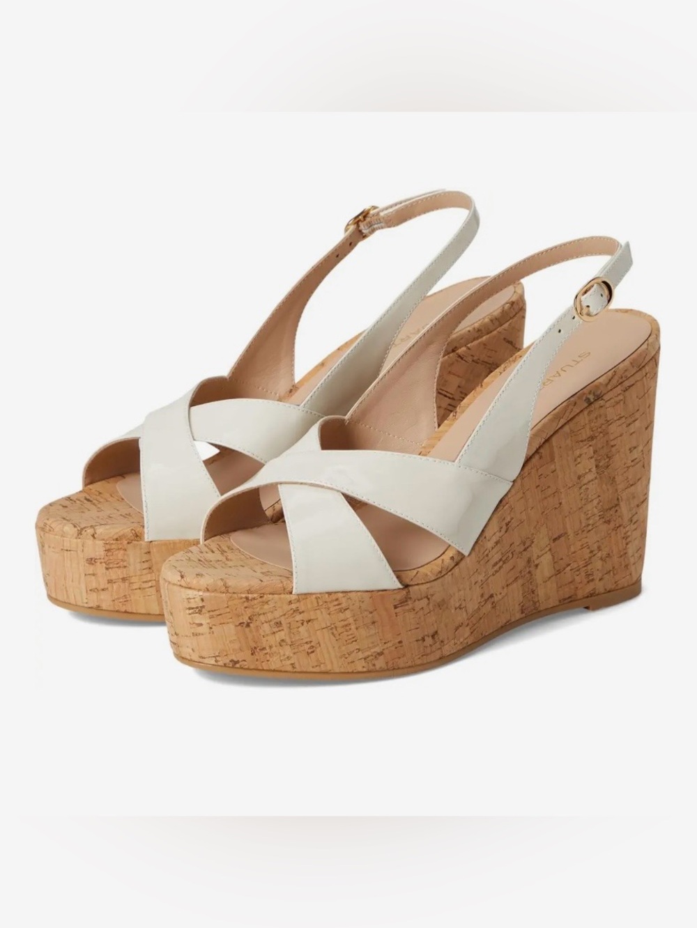 Stuart Weitzman White Leather Cork Slingback Sandals